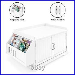 Large Wooden Cat Litter Box Enclosure Cabinet and Side Table with Magazine Rack